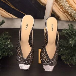 L'AGENCE Metallic Grey Woven Open-Toe Mules Size 9